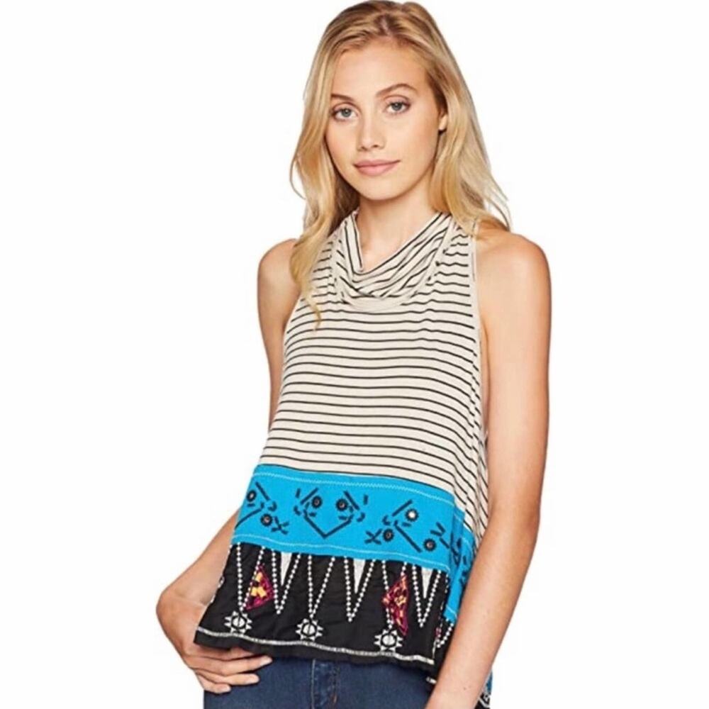 Free People NWT Boho Tank Top Blue & White Embellished Embroidered Blouse